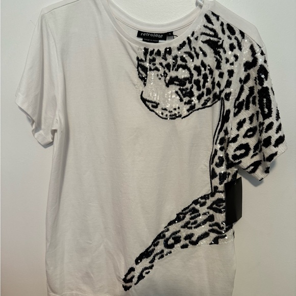Retrofete Sequin Leopard White T-Shirt Top - Picture 5 of 5
